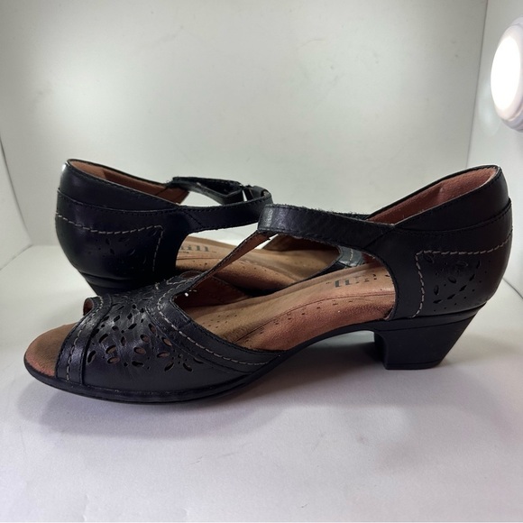 Rockport Cobb Hill Sandal Womens 7 T-Strap Block Heel Black Floral Leather Boho - Picture 5 of 10
